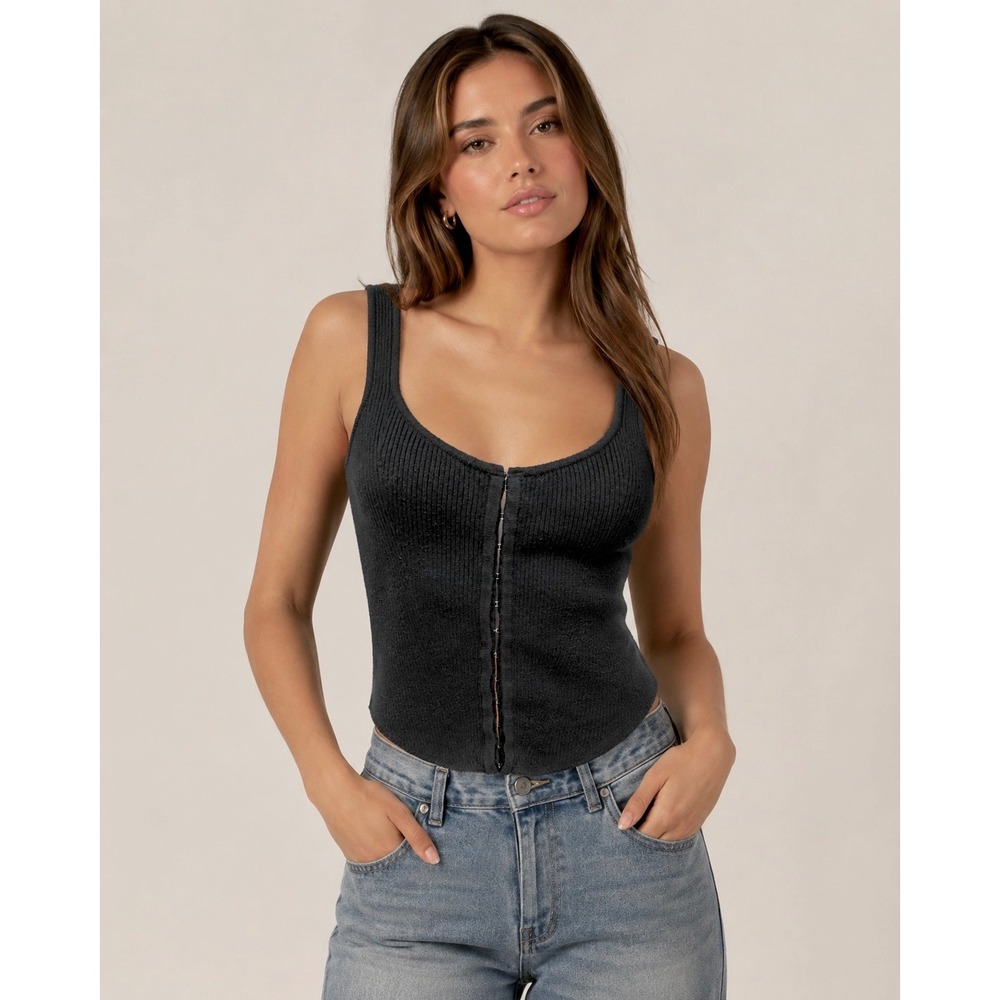 Abercrombie & Fitch Cotton Blend Black Ribbed Hook & Eye Corset Top Womens‎ L
